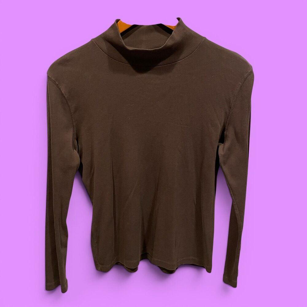 Cute classic chocolate brown pima cotton normcore mock neck flowy top Talbots